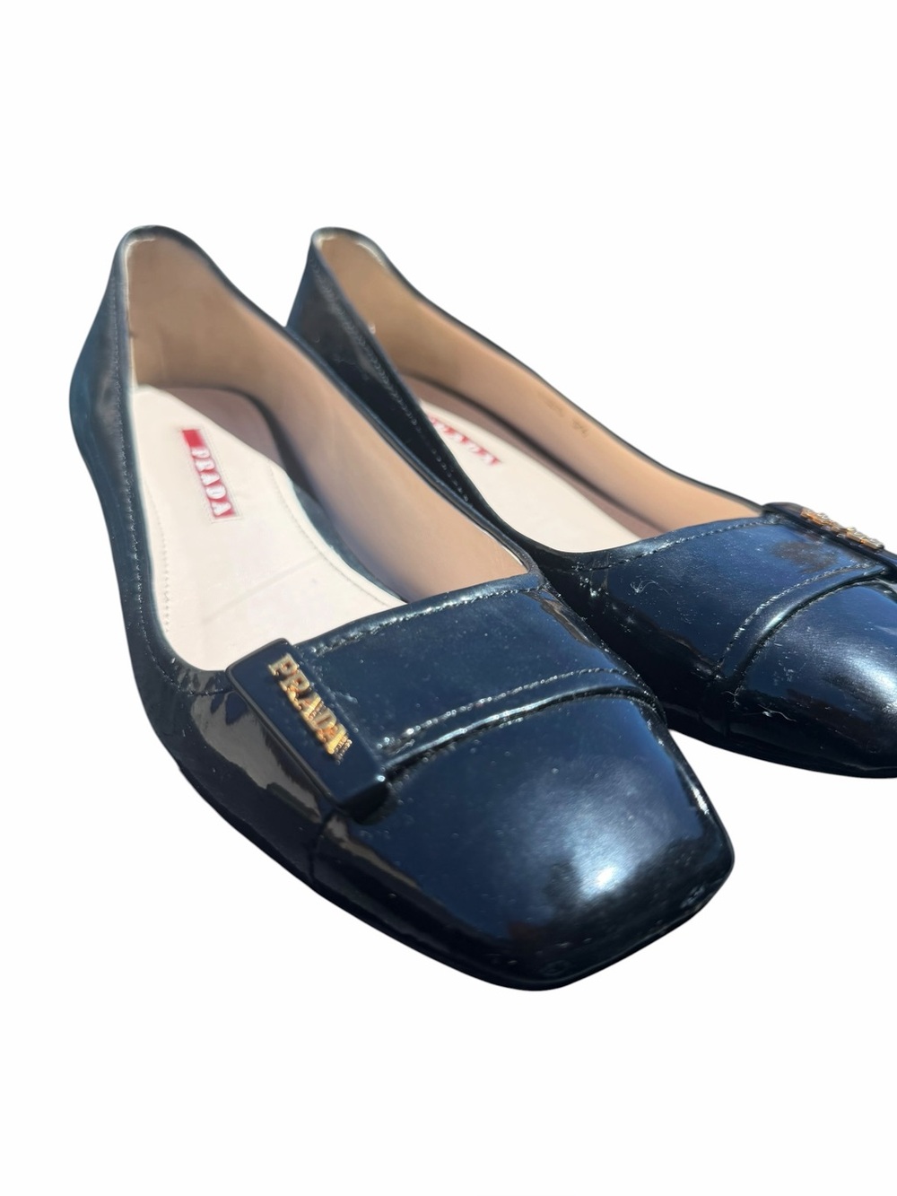 Prada Patent Leather Kitten Wedge Pumps Black Logo Heels EU 37.5 Authentic - Picture 8 of 11